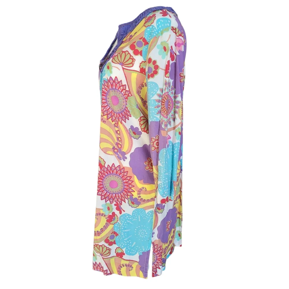 Boden Floral Vibrant Colors 100% Cotton Tunic Dress Embellished Women's US 10 - Picture 4 of 13